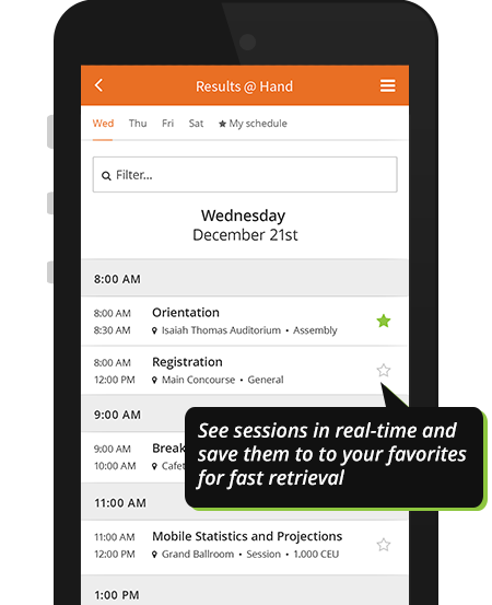 Agenda sessions with personal favorites on event app demo