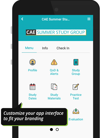 Custom CAE study group event with unique branding on Results@Hand mobile event app demo