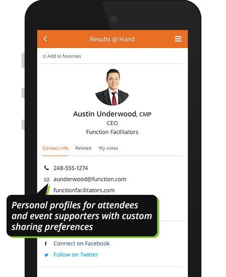 Personal user app profile on Results@Hand mobile event app demo